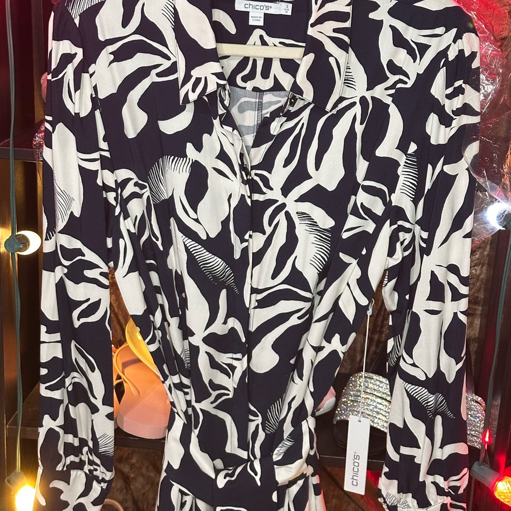 NWT XL Chico's Monochrome Abstract Print Shirt Dress Button Down